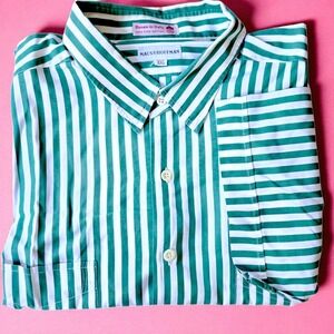 Vintage Maus & Hoffman Green White Stripe Short Sleeve‎ Shirt XXL Woven in Italy